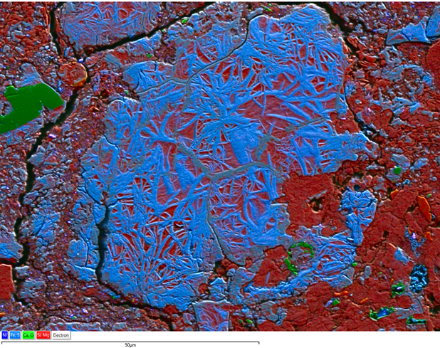 (a) EDS map combined with secondary electron image from the fusion crust layer of the Winchcombe meteorite at 1,000X magnification and (b) at 10,000X magnification, alongside an ultra-high resolution EDS map showing an Fe-rich serpentine vein structure occurring in an altered olivine grain.