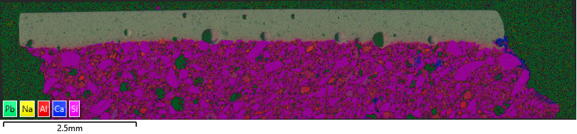 Figure 3: EDS LAM of sample 3 showing the distribution of elements. This sample shows Pb within the glaze.