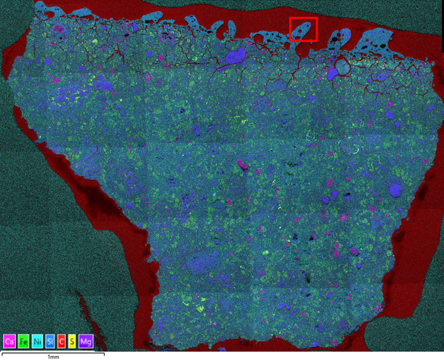 A series of individual maps stitched together to form a Large Area Map of the meteorite sample using AZtecLive software. The red box indicates the area shown in detail in Figure 3.