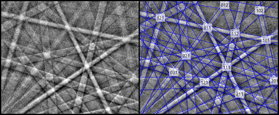 Typical EBSPs at ~895°C sample temperature, collected using full 1244 x 1024 pixel pattern resolution with 0.9 ms exposure time. Top: α-Ti, MAD 0.13°. Bottom: β-Ti, MAD 0.11°.